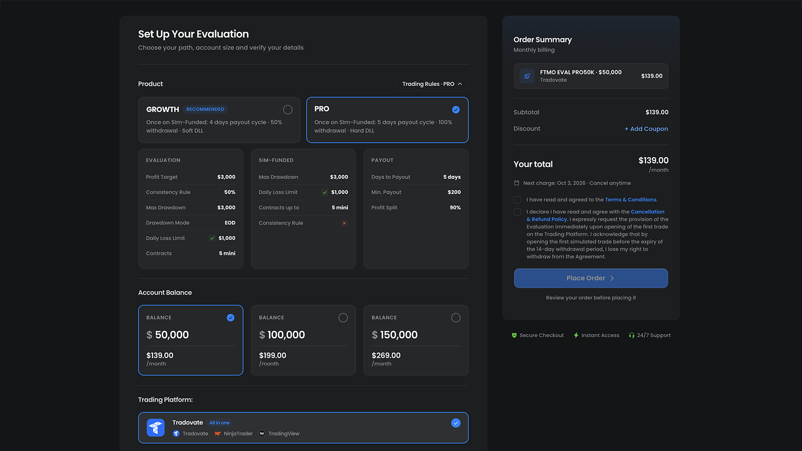 FTMO Futures checkout showing program, account-size, platform and rule selections