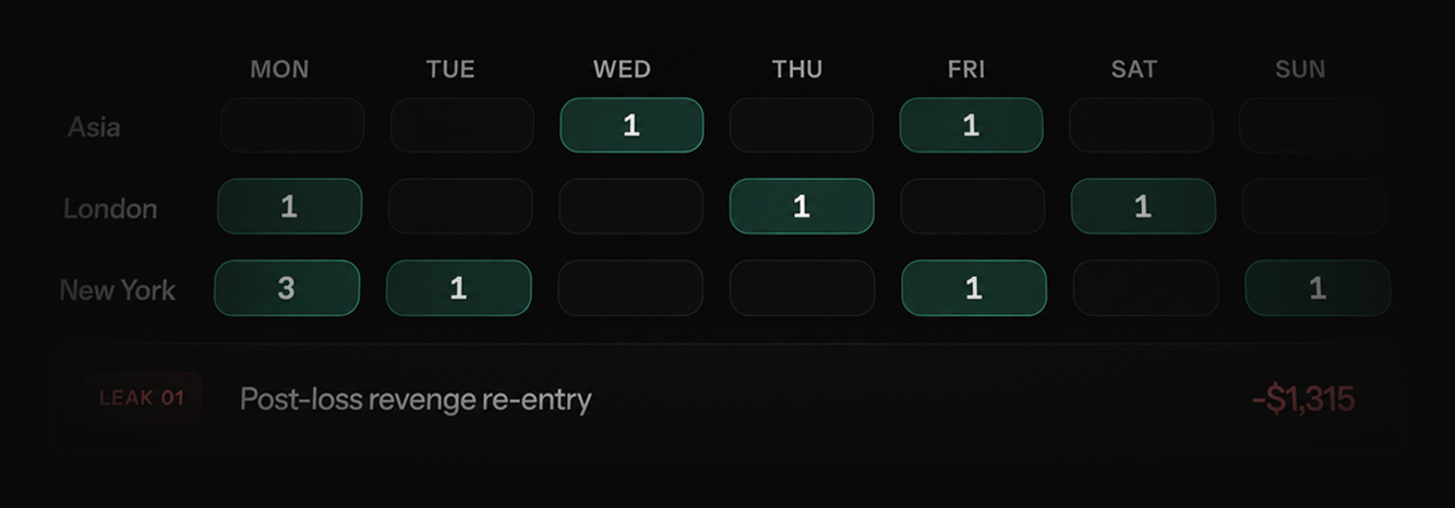 Leak Map showing post-loss revenge re-entry across sessions with an estimated $1,315 drag