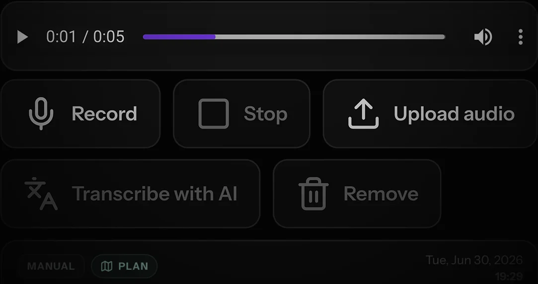 Voice note and transcription controls attached to a trade plan