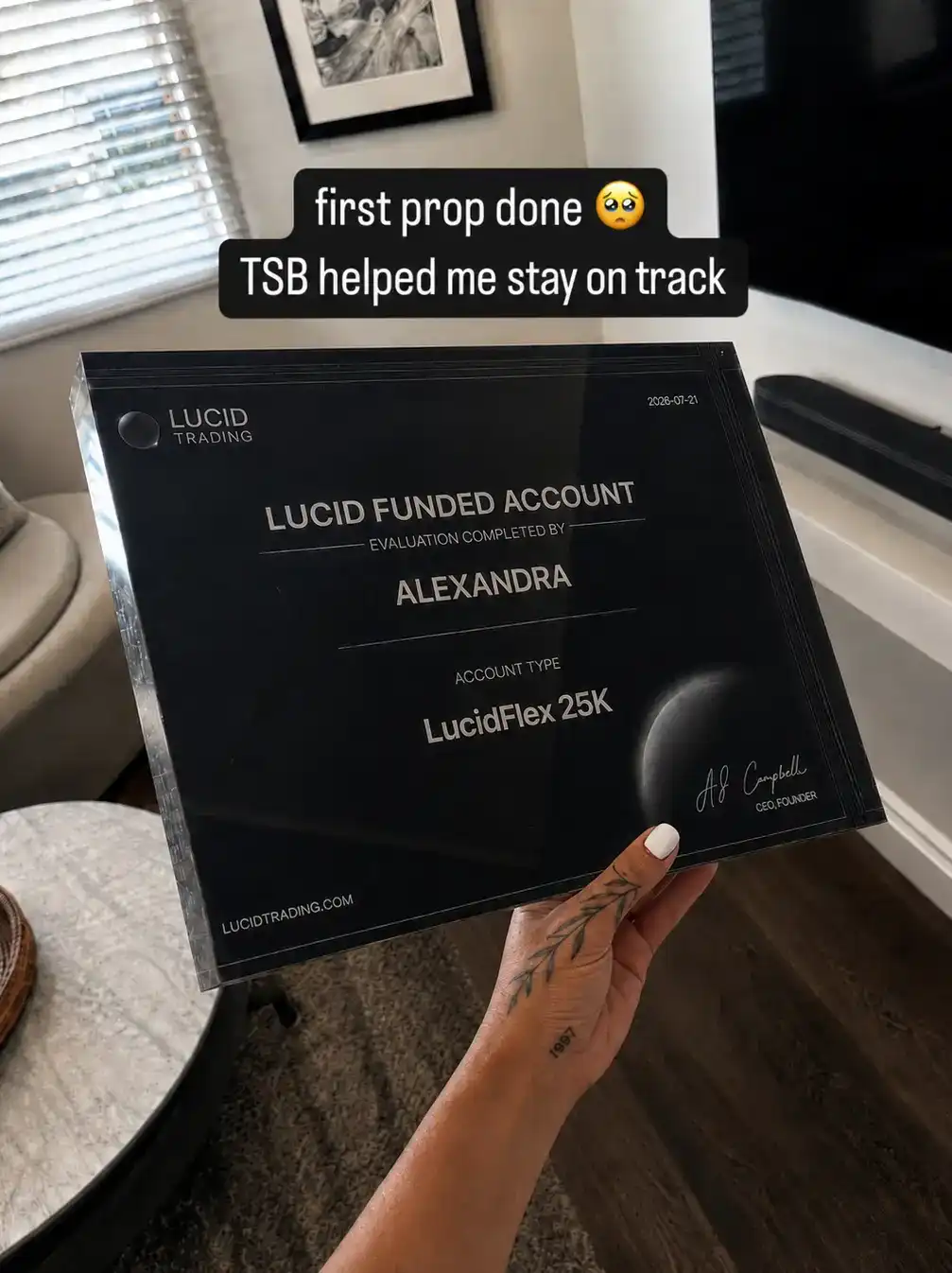 Lucid Trading funded account certificate for Alexandra, LucidFlex 25K